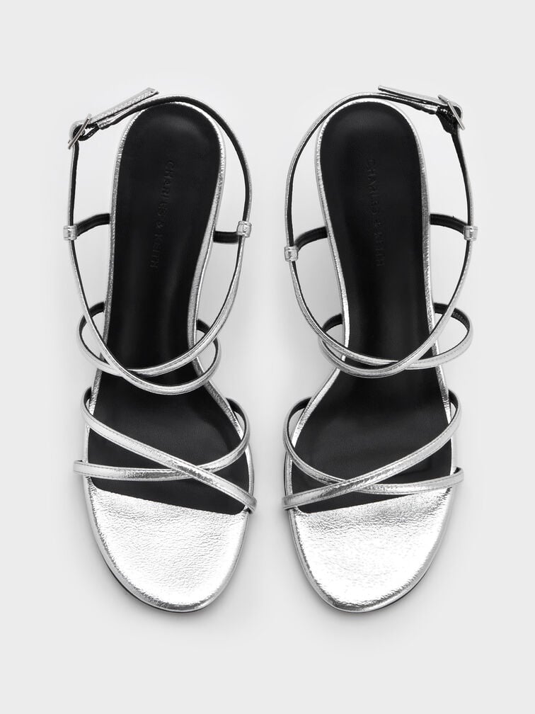 Metallic Strappy Crossover Trapeze-Heel Sandals, Silver, hi-res