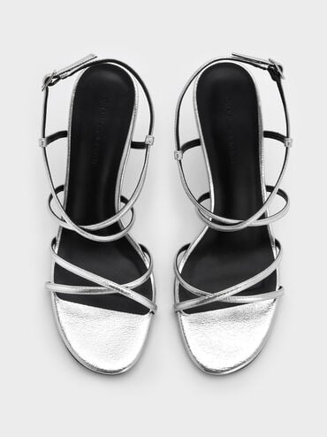 Metallic Strappy Crossover Trapeze-Heel Sandals, Silver, hi-res