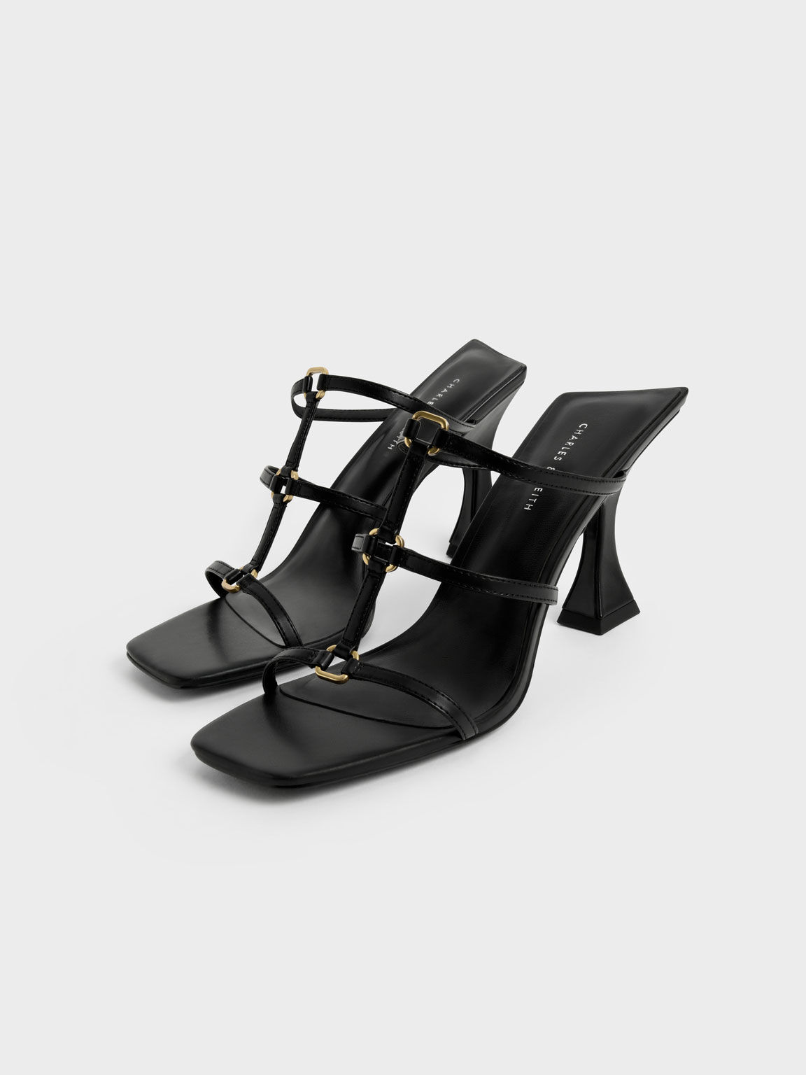 Strappy Sculptural Heel Mules, Black, hi-res