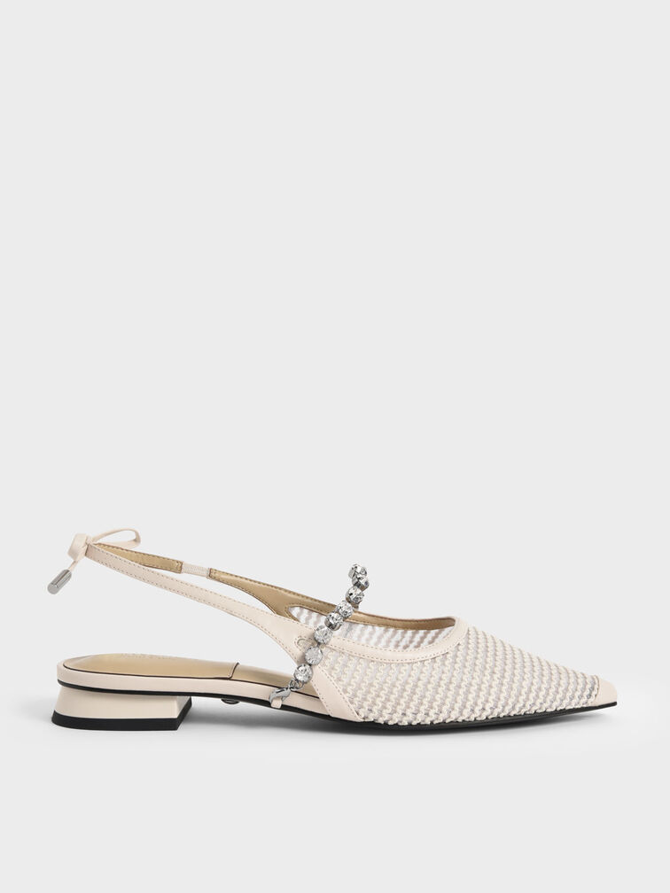 Gem-Strap Knit & Mesh Ballerina Pumps, Chalk, hi-res