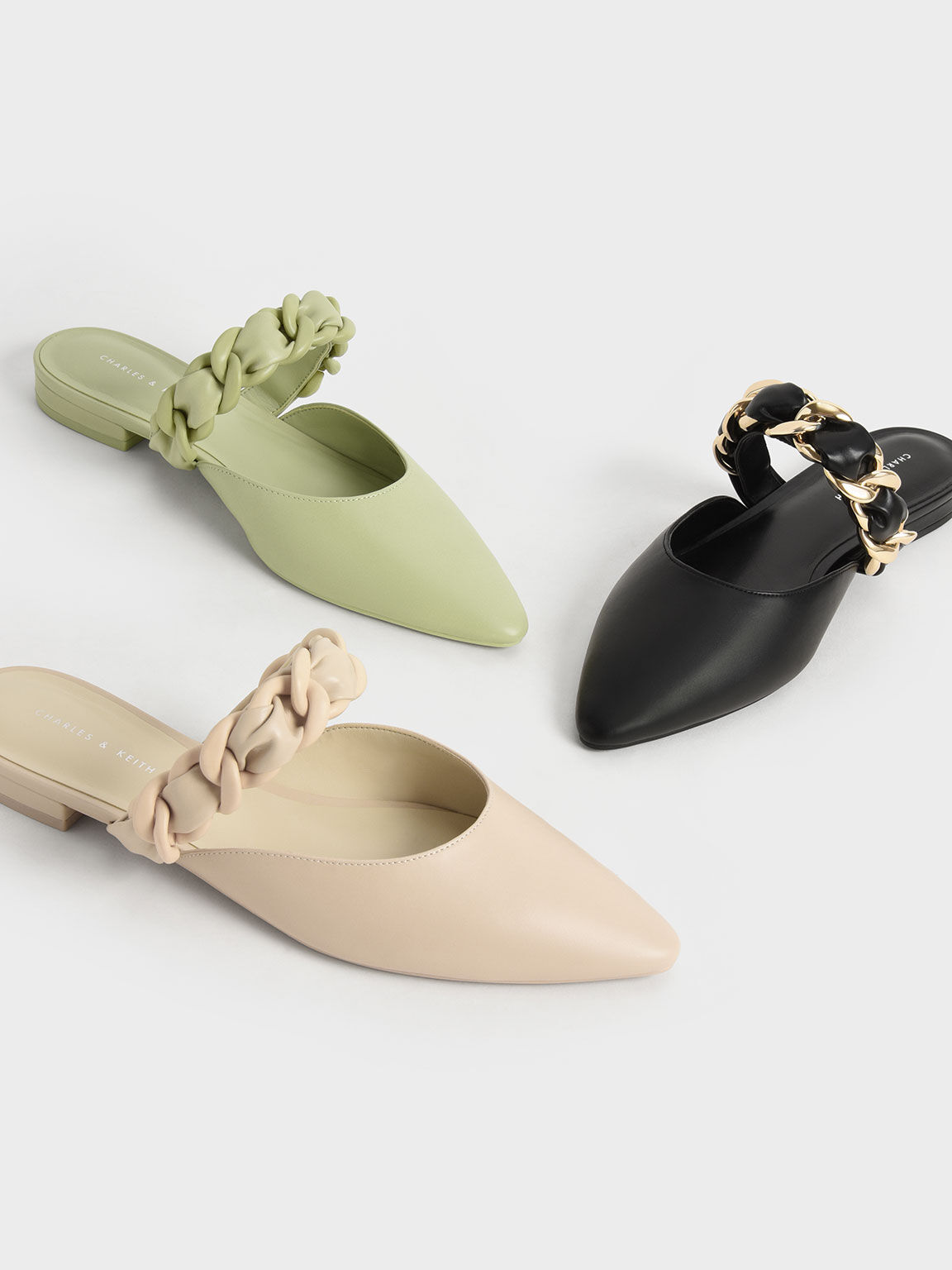 Braided Chain-Link Flat Mules, Sage Green, hi-res