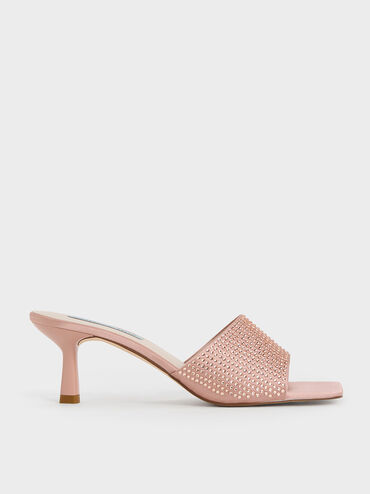 Recycled Polyester Crystal-Embellished Heeled Mules, Nude, hi-res
