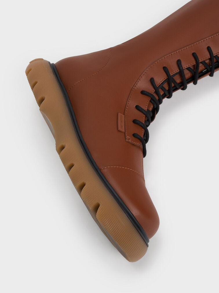 Gum Sole Lace-Up Knee-High Boots, Cognac, hi-res