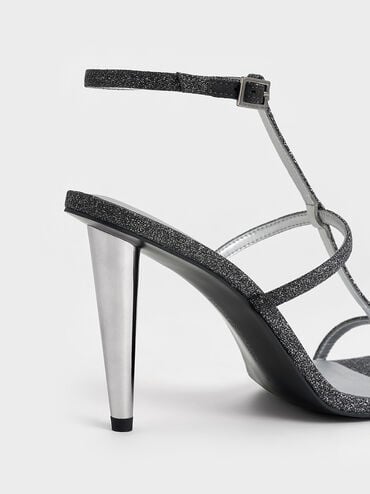 Glittered T-Bar Ankle-Strap Sandals, Black Textured, hi-res