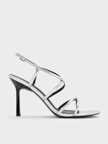 Metallic Strappy Crossover Trapeze-Heel Sandals, Silver, hi-res