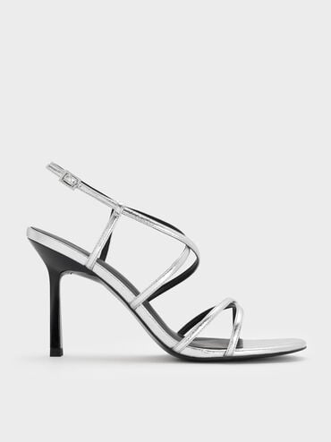 Metallic Strappy Crossover Trapeze-Heel Sandals, Silver, hi-res