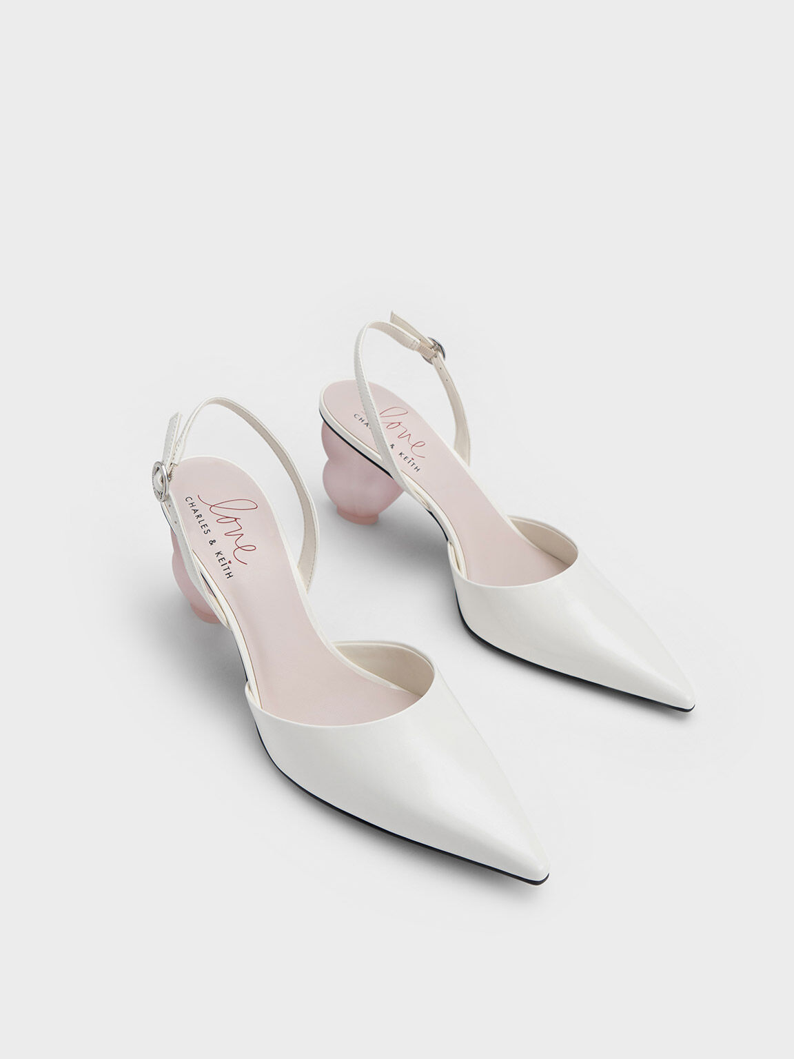 Heart Heel Slingback Pumps, White, hi-res
