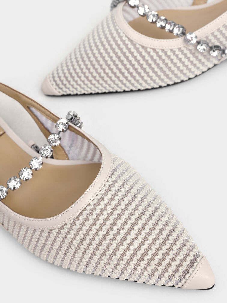 Gem-Strap Knit & Mesh Ballerina Pumps, Chalk, hi-res