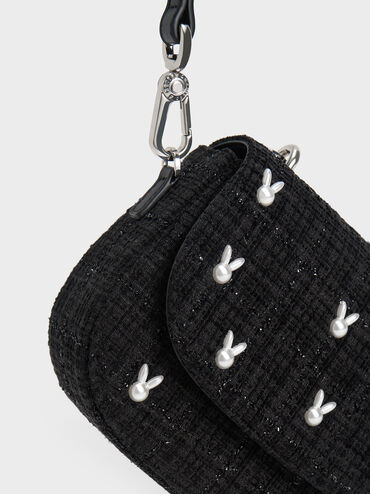 Bunny Tweed Beaded Handle Bag, Black, hi-res