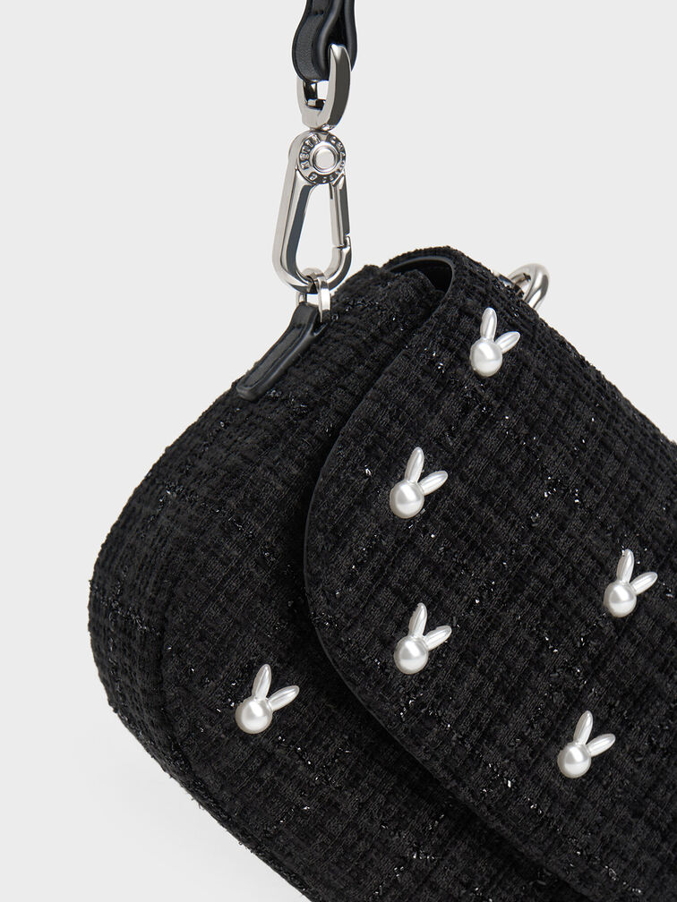 حقيبة يد مزينة باللؤلؤ على شكل أرنب, أسود, hi-res