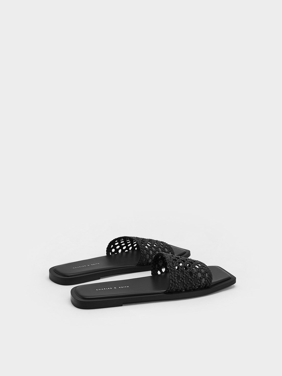 Woven Square-Toe Slides, Black, hi-res