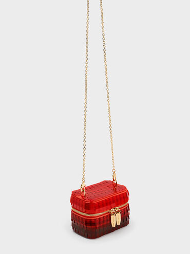 Disc-Embellished Vanity Pouch, Red, hi-res