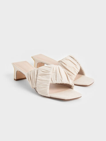 Linen Asymmetric Ruched Mules, Chalk, hi-res