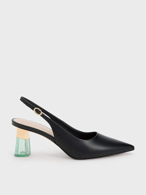 See-Through Trapeze Heel Slingback Pumps, Black, hi-res