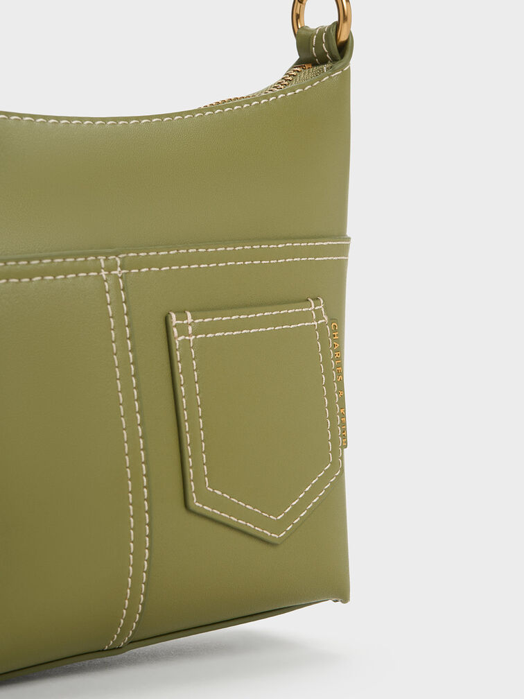 Anthea Contrast-Trim Shoulder Bag, Olive, hi-res
