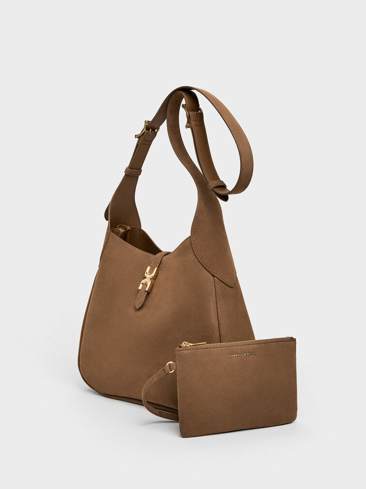 Adalyn Recycled Suede Metallic-Buckle Belted Hobo Bag, Mocha Brown, hi-res