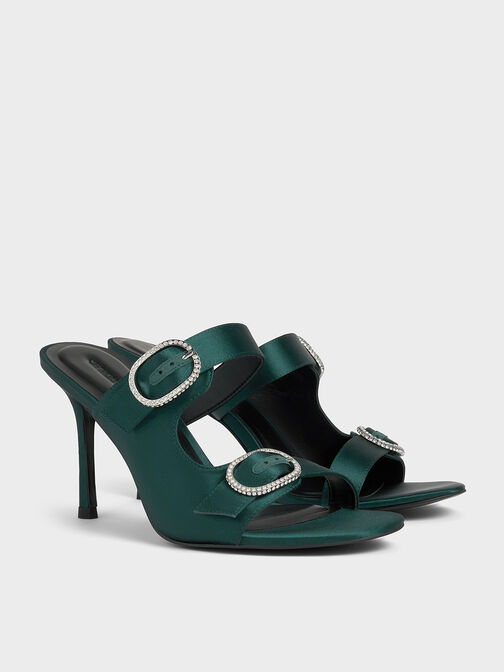 Recycled Polyester Crystal-Buckle Heeled Mules, Dark Green, hi-res