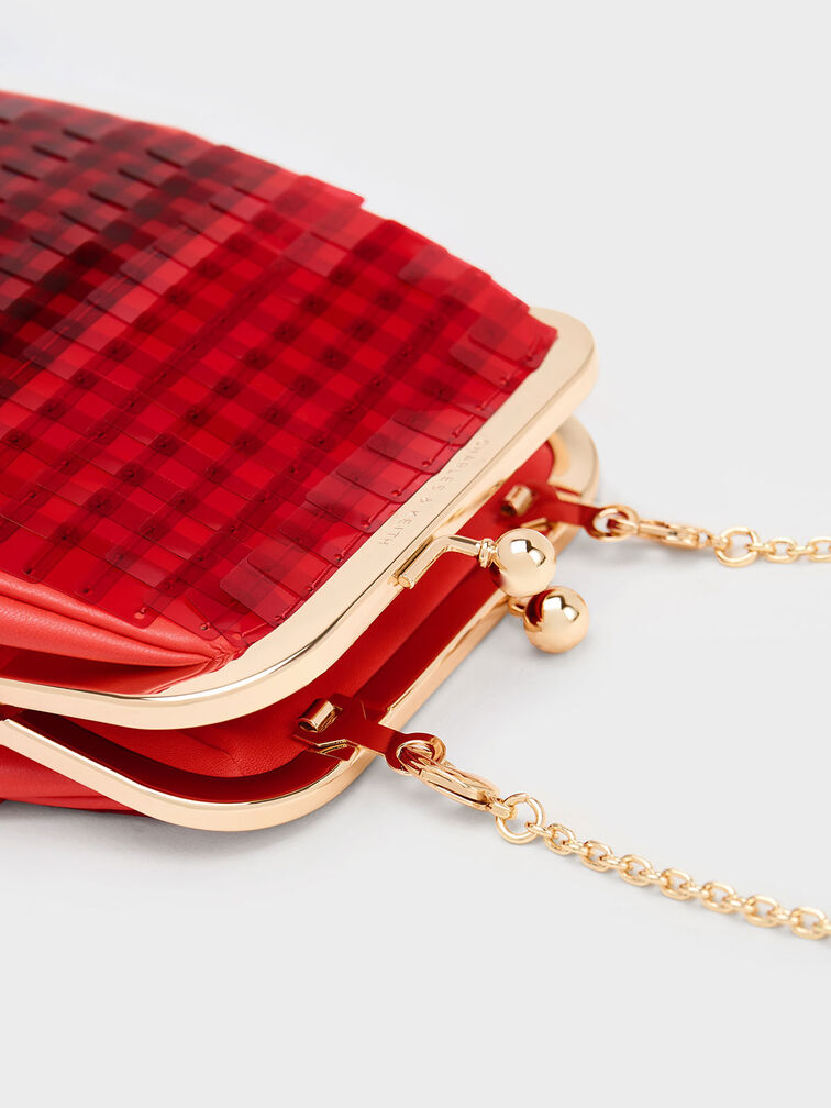 Disc-Embellished Chain Handle Pouch, Red, hi-res