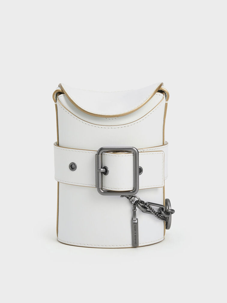 Jules Leather Belted Bucket Bag, White, hi-res