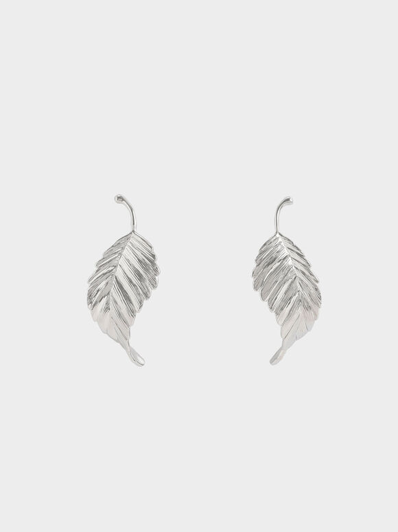 Leaf Stud Earrings, Silver, hi-res