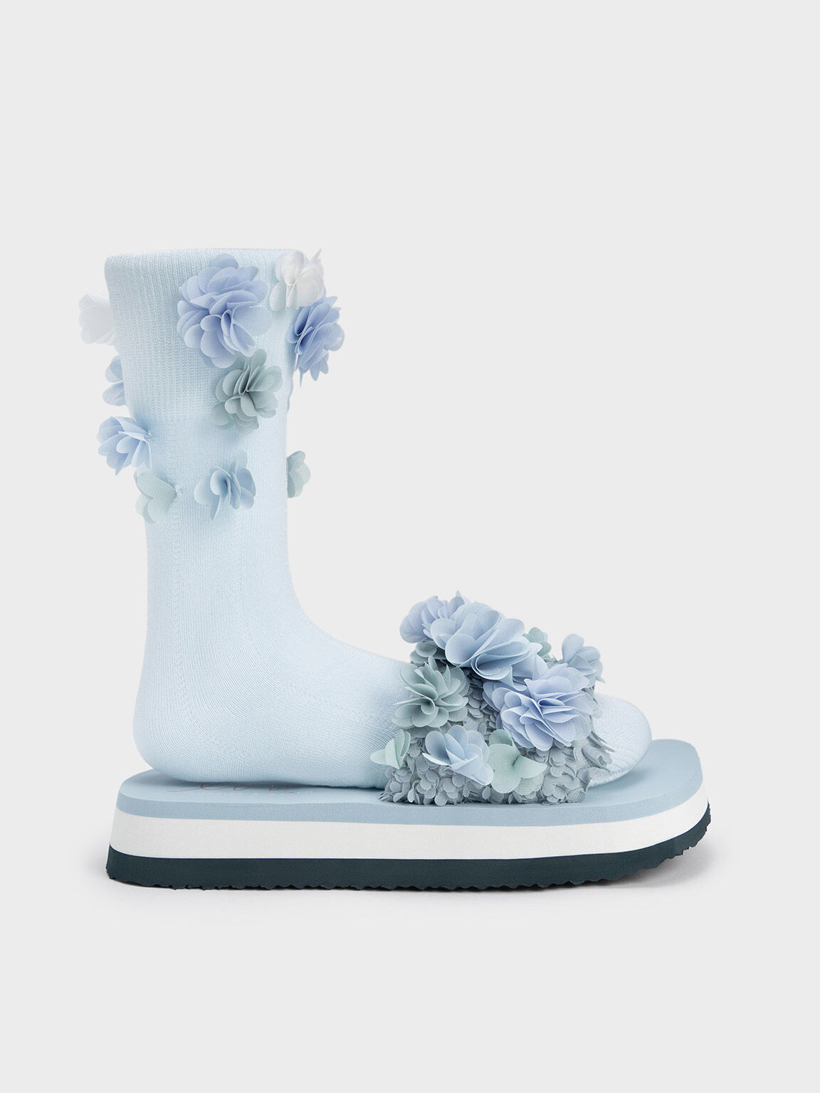 Floral Mesh Flatform Sandals, Light Blue, hi-res
