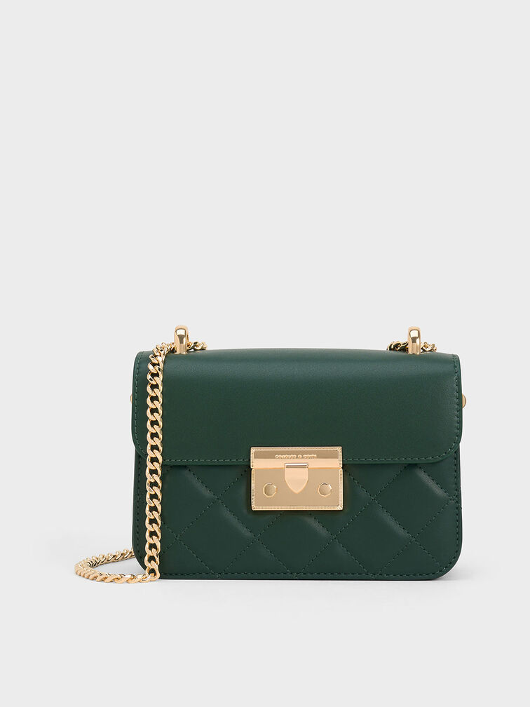 Quilted Push-Lock Chain-Handle Bag, Dark Green, hi-res
