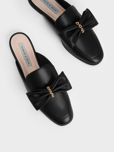 حذاء ميول لوفر مع فيونكة مزينة بسلسلة, أسود, hi-res