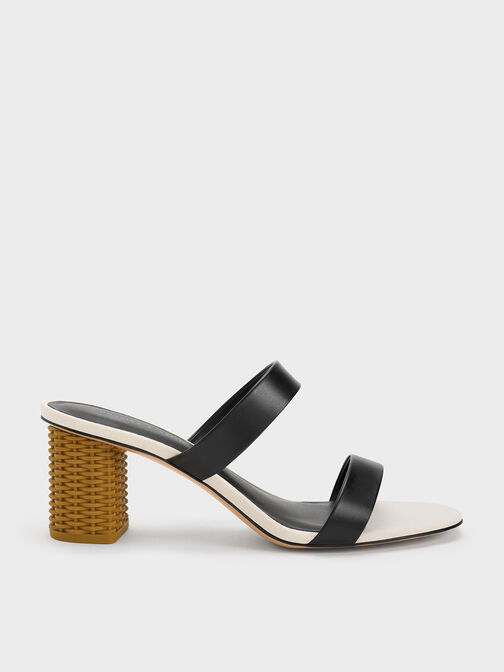 Rattan Block Heel Sandals, Black, hi-res
