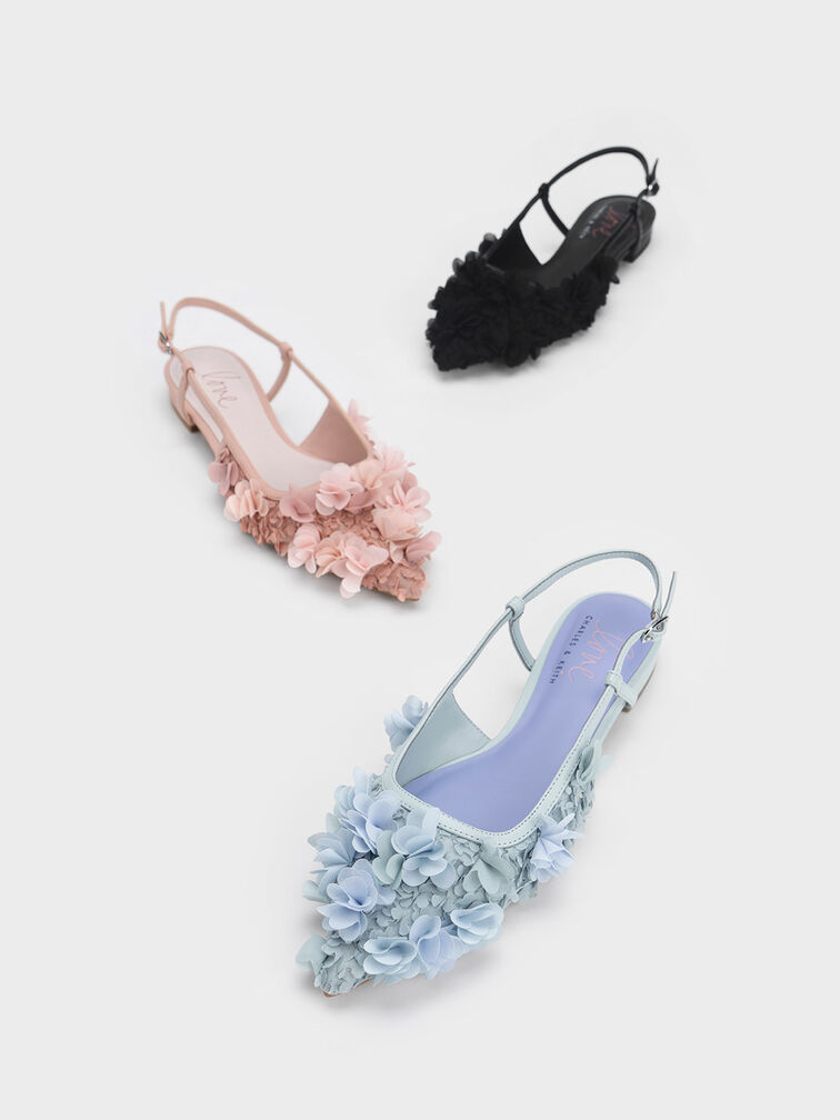 Floral Mesh Slingback Flats, Light Blue, hi-res