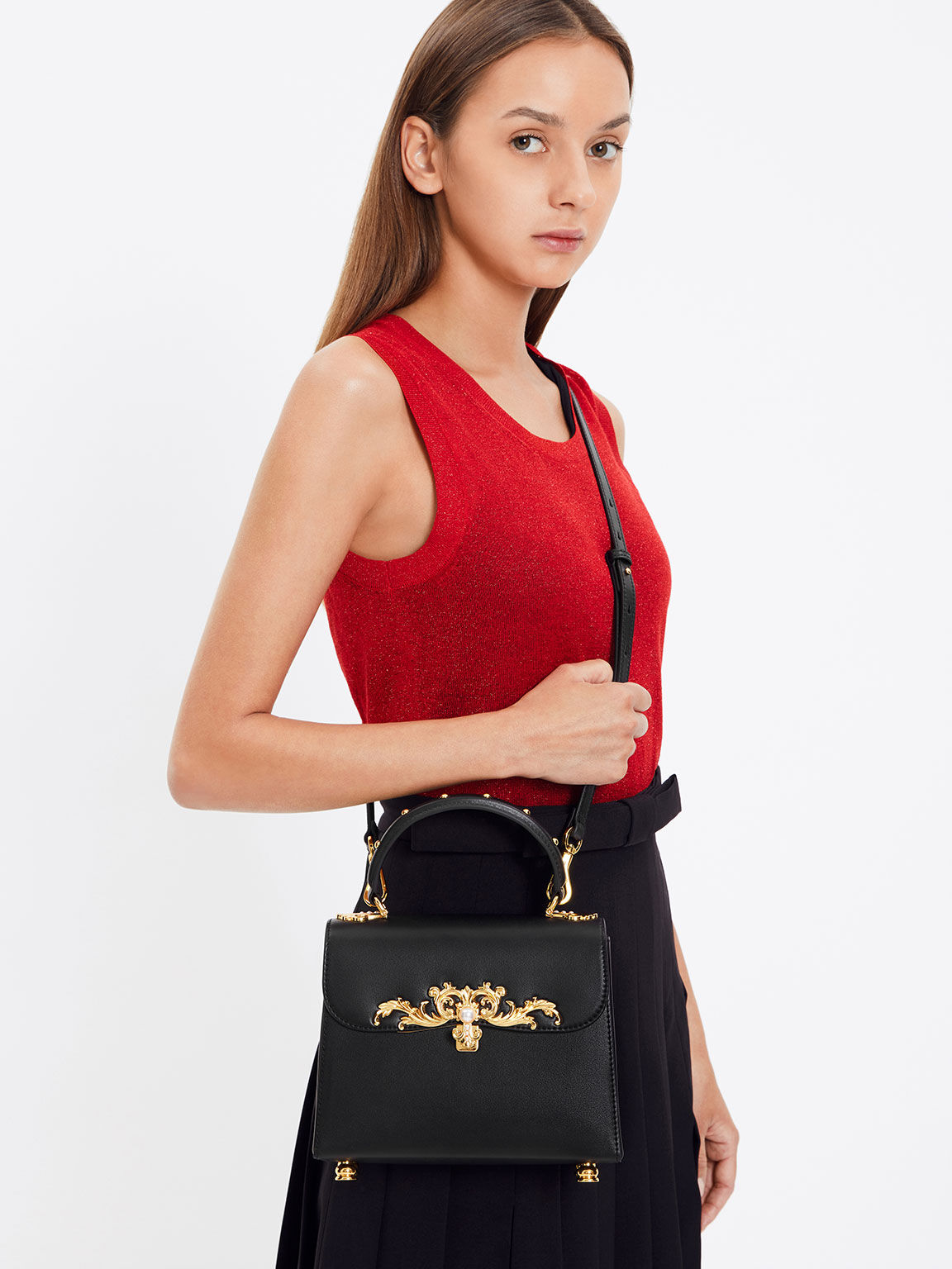 Merial Metallic Accent Top Handle Bag, Black, hi-res
