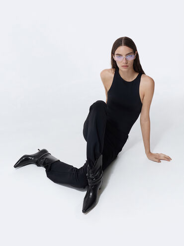 Karter Pointed-Toe Ruched Buckled Kitten-Heel Boots, Black, hi-res