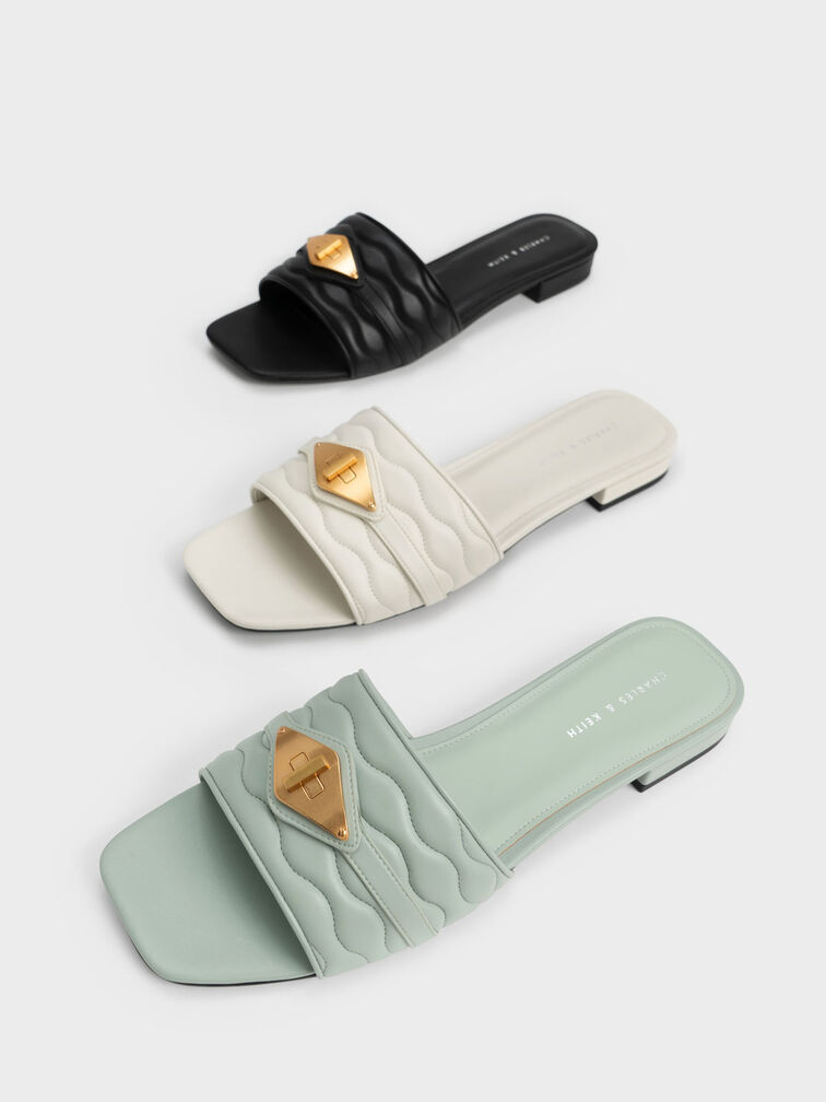 Metallic Buckle Textured Slides, Chalk, hi-res