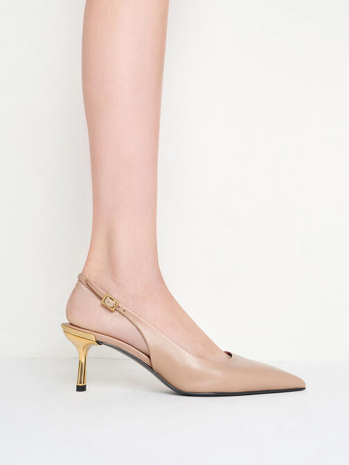 Metallic Kitten-Heel Slingback Pumps, Nude, hi-res