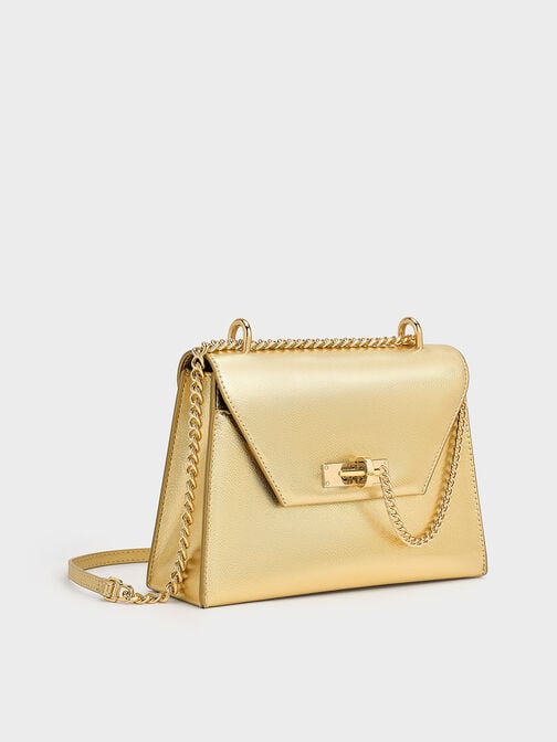 Samantha Metallic Envelope Chain-Handle Bag, Gold, hi-res