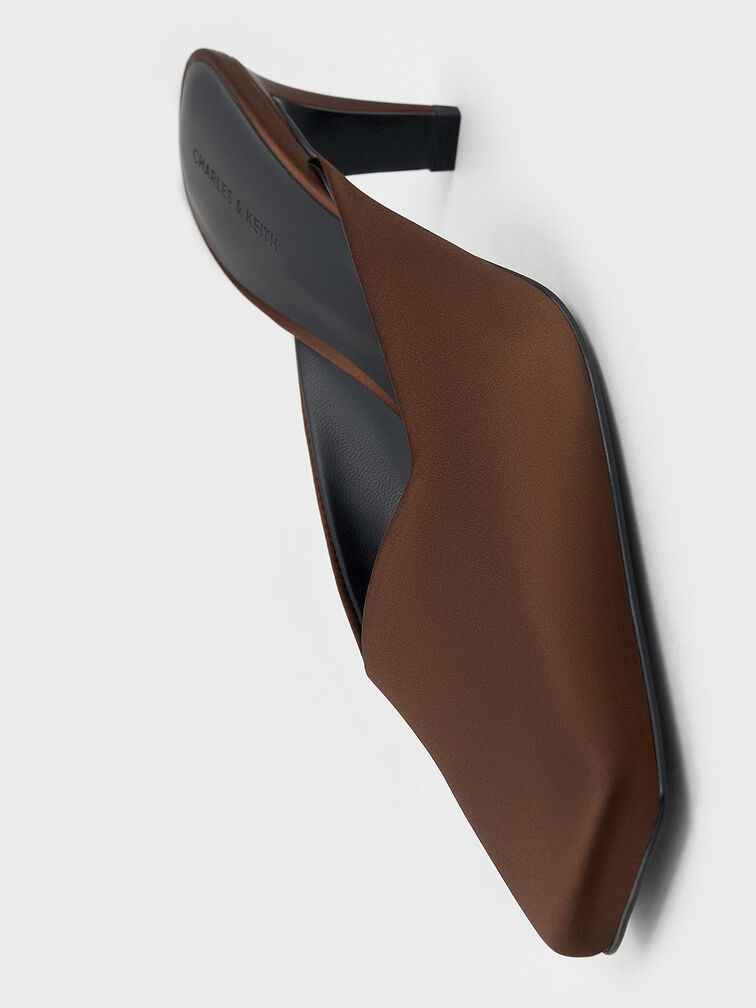 Satin Square-Toe Blade-Heel Mules, Dark Brown, hi-res