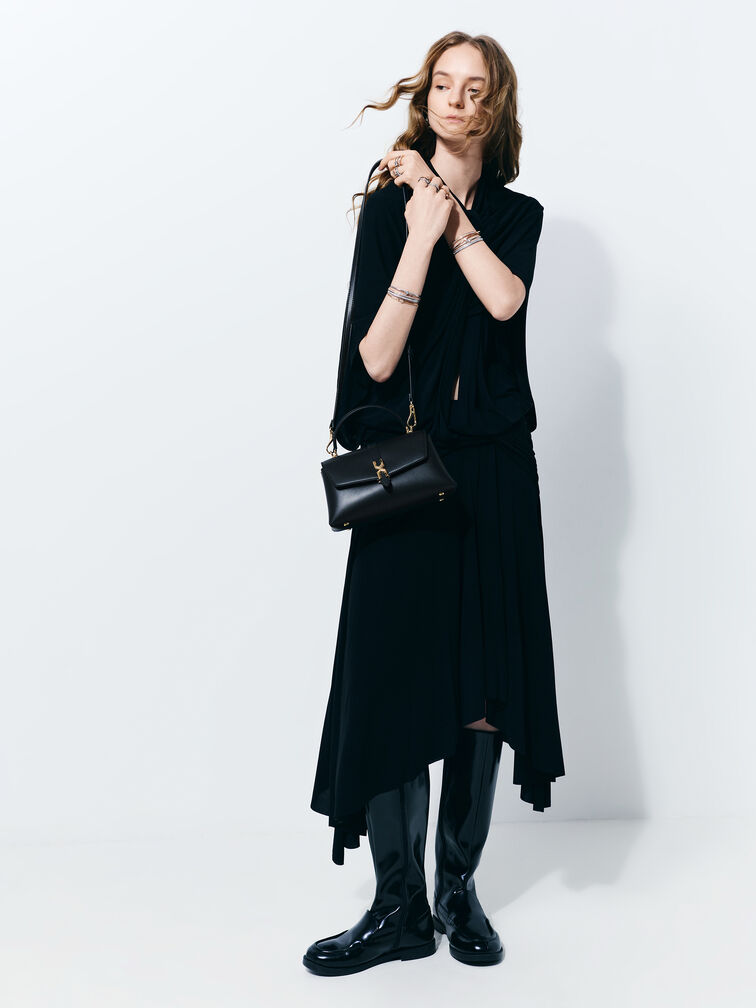 شنطة يد أدالين بمشبك معدني وحزام سلسلة, أسود, hi-res