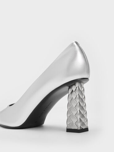Metallic Quilted Heel Pointed-Toe Pumps, Silver, hi-res