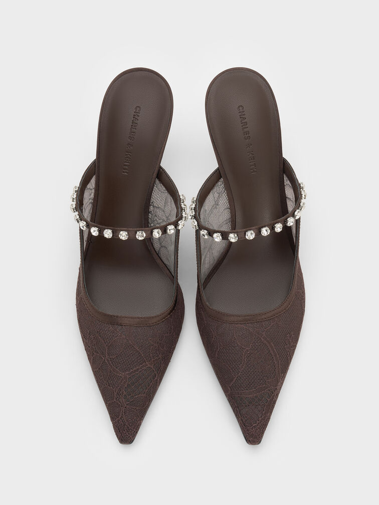 ميولز بكعب عالٍ من الدانتيل والساتان ومرصع بالكريستال, بني محبّب غامق, hi-res