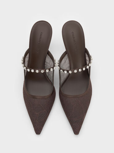 ميولز بكعب عالٍ من الدانتيل والساتان ومرصع بالكريستال, بني محبّب غامق, hi-res