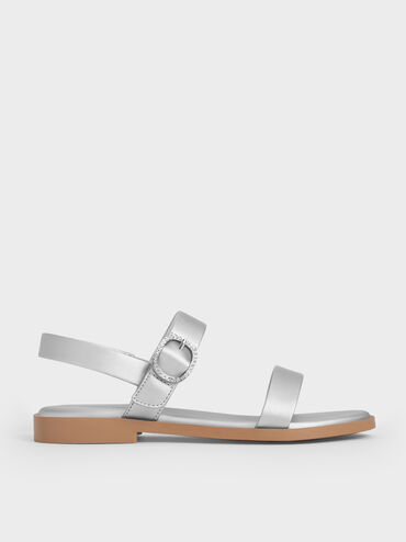 صنادل للبنات بحزام مزدوج سلينجباك مفتوح من الخلف وإبزيم كريستالي ولمعة اللؤلؤ, فضي, hi-res