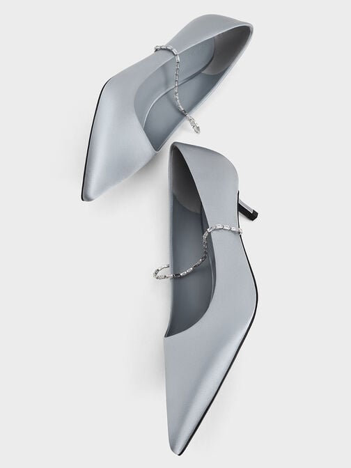 Satin Embellished-Strap Pointed-Toe Pumps, Blue, hi-res