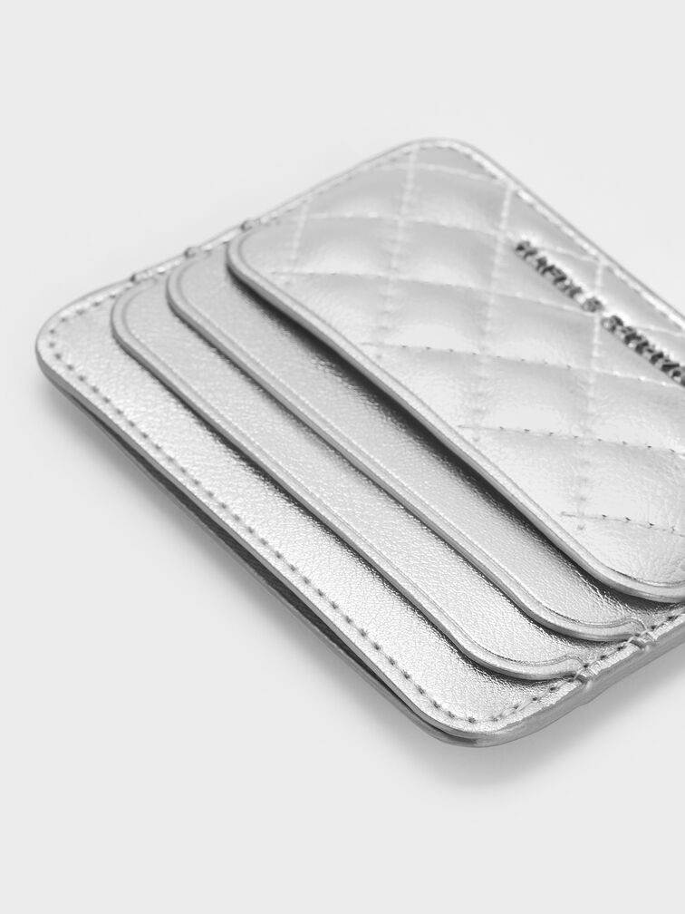 Cleo Metallic Quilted Card Holder, Silver, hi-res