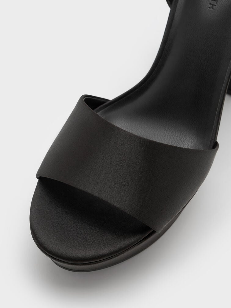 Satin Block-Heel Platform Sandals, Black Textured, hi-res