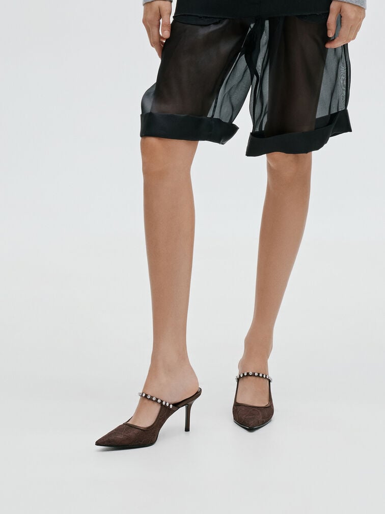 ميولز بكعب عالٍ من الدانتيل والساتان ومرصع بالكريستال, بني محبّب غامق, hi-res