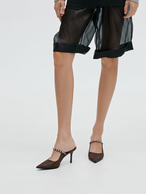 ميولز بكعب عالٍ من الدانتيل والساتان ومرصع بالكريستال, بني محبّب غامق, hi-res