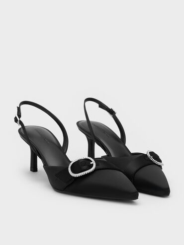 Jannie Recycled Polyester Crystal-Buckle Slingback Pumps, Black Textured, hi-res