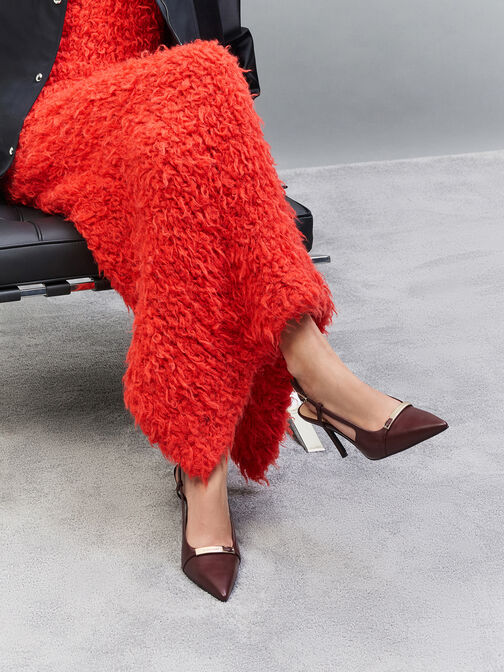 Metallic-Bar Pointed Slingback Pumps, Burgundy, hi-res