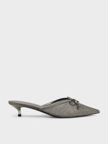 حذاء بكعب قصير وفيونكة من القماش الشبكي اللامع, رمادي, hi-res