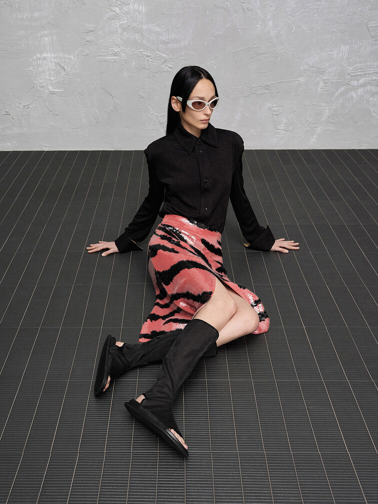 صندل لورين برقبة مصنوع من قماش شبكي مزين بفتحات, أسود خشن, hi-res