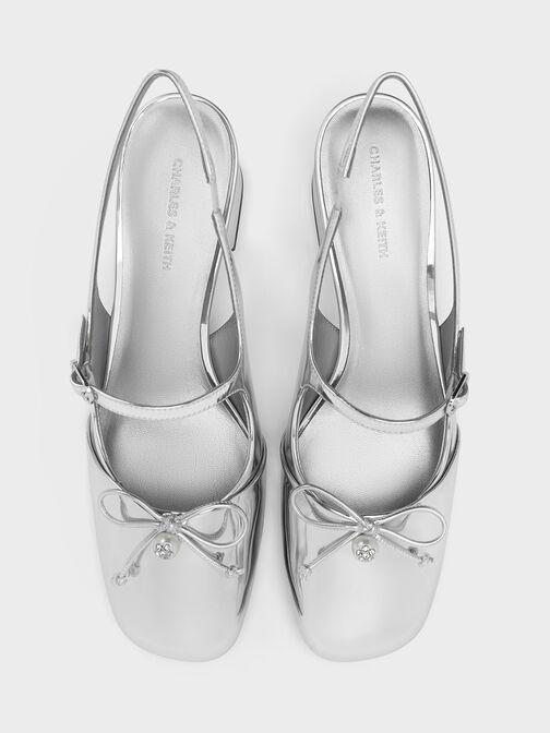 Metallic Crystal-Pearl Mary Jane Slingback Pumps, Silver, hi-res
